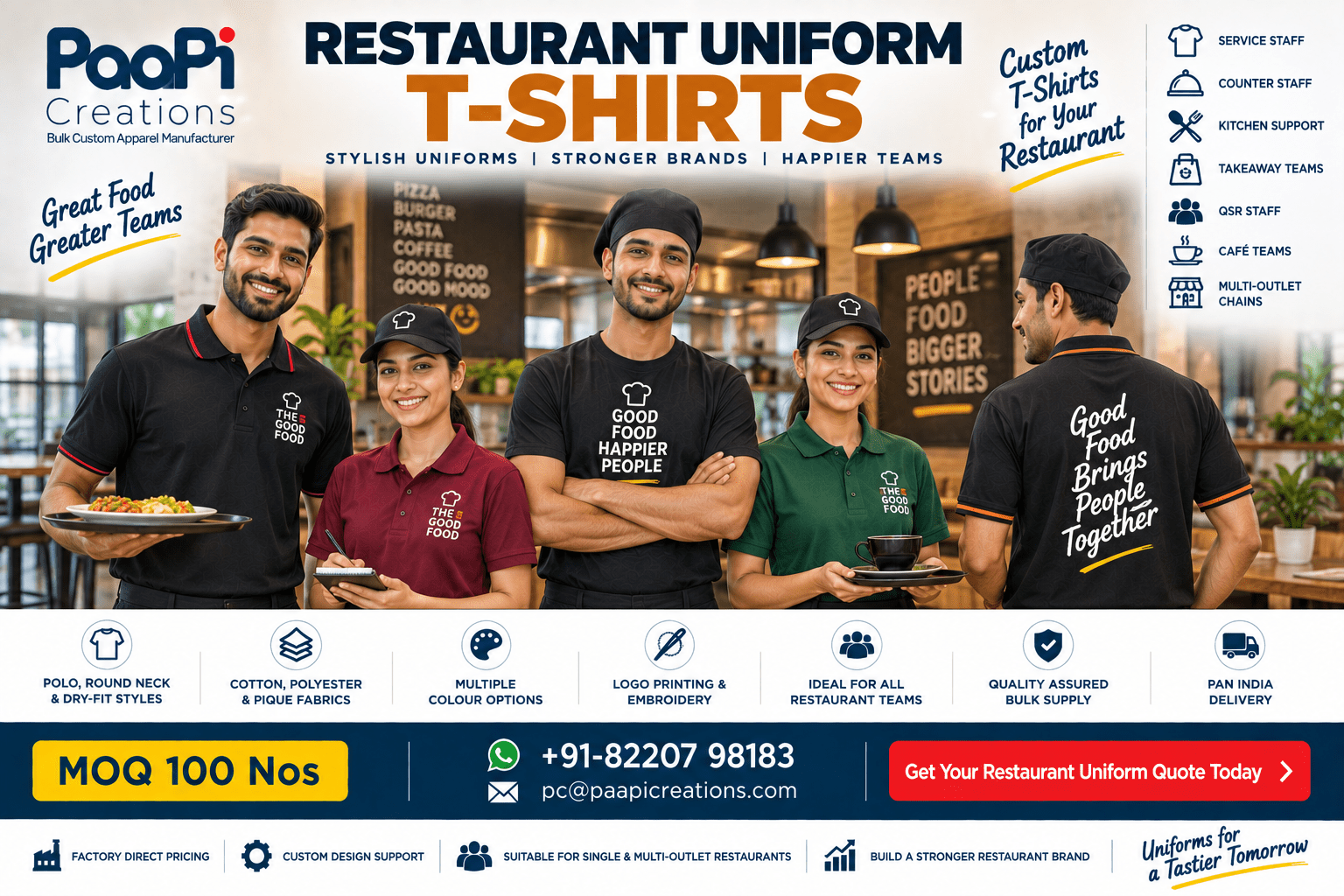 Restaurant Uniform T-Shirts for restaurant staff teams