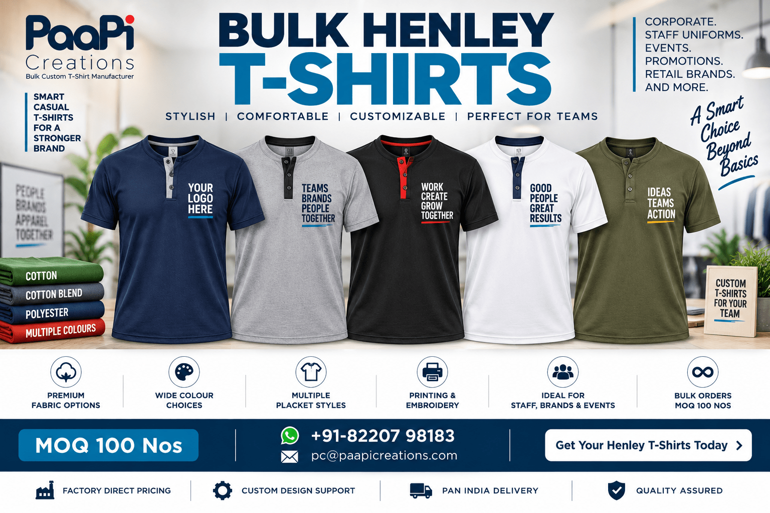 Bulk Henley T-Shirts for staff brands and events
