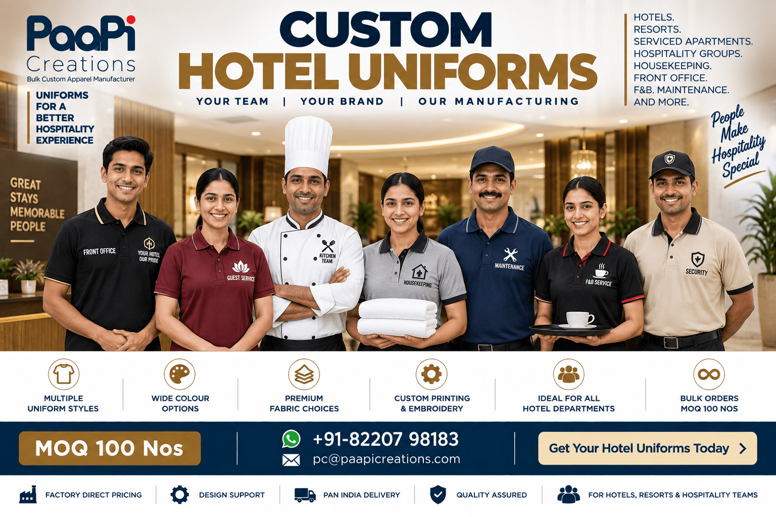 Custom Hotel Uniforms for hospitality staff teams