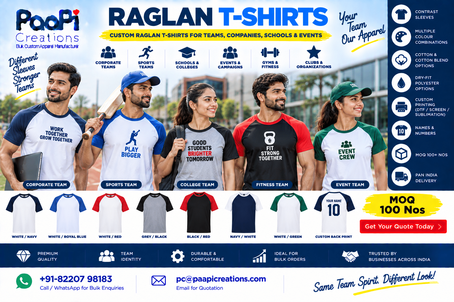 Custom Raglan T-Shirts with contrast sleeves for teams and sports