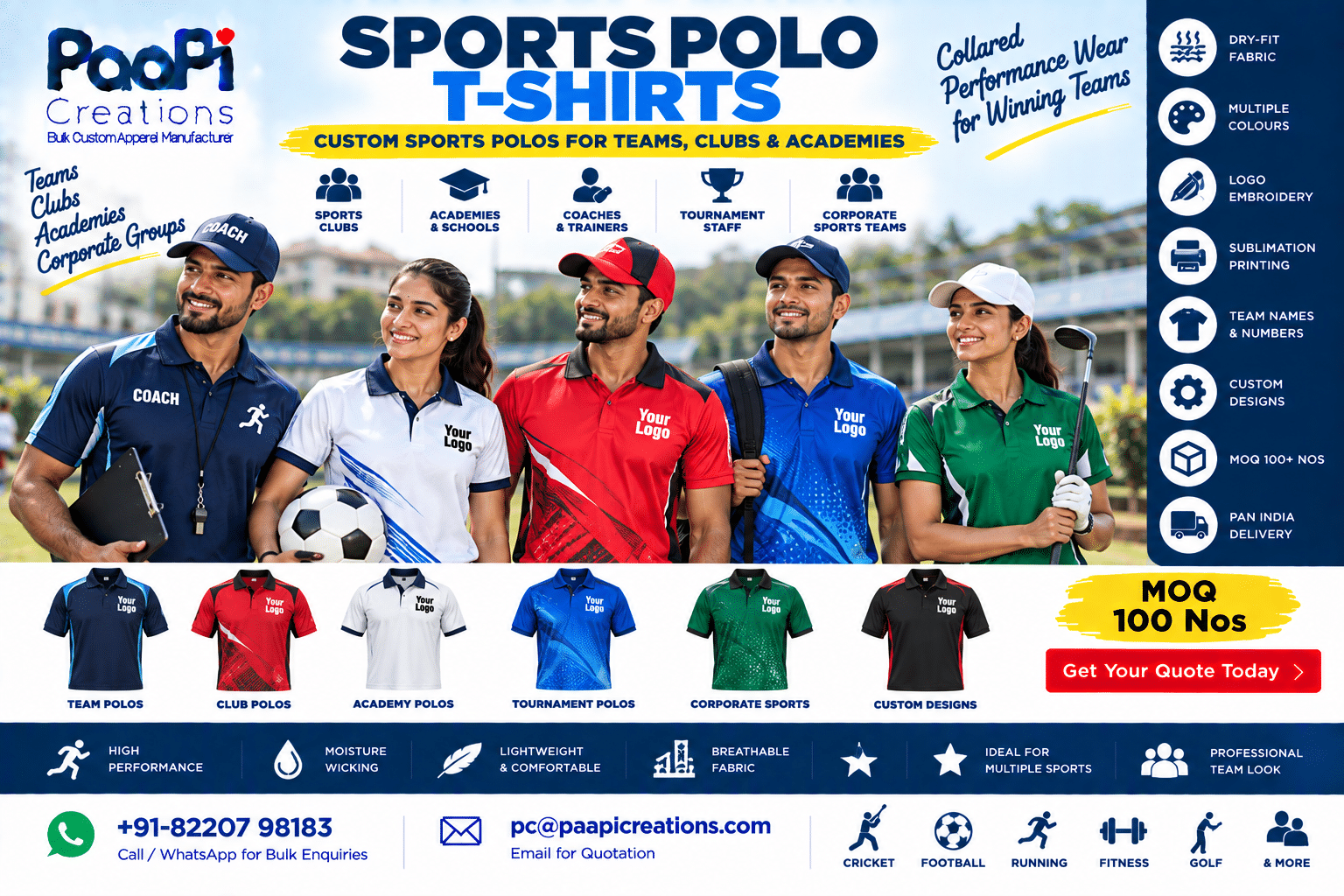 Custom Sports Polo T-Shirts for teams clubs and academies
